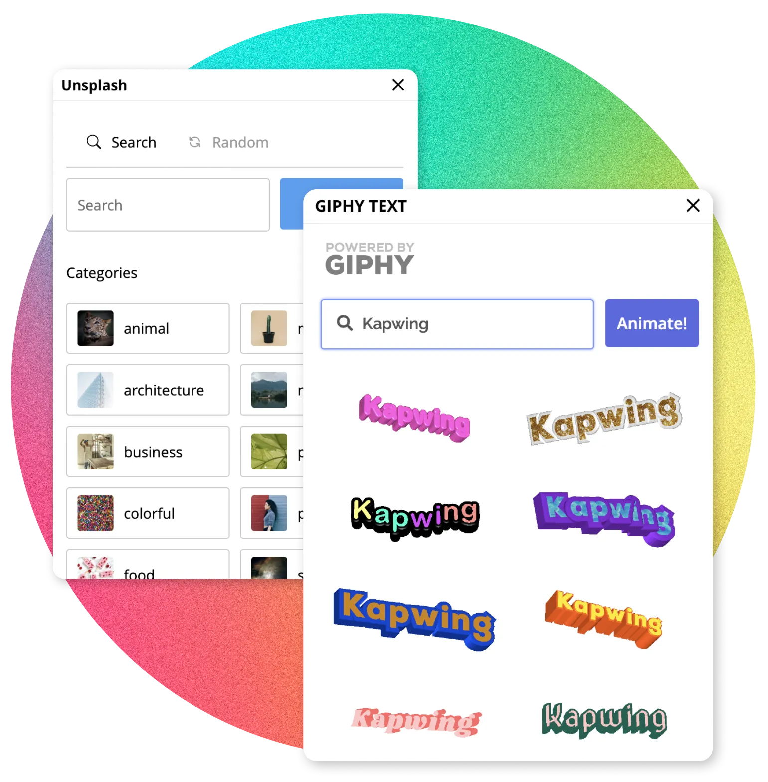 A selection of Giphy Text stickers, all of which read 'Kapwing'