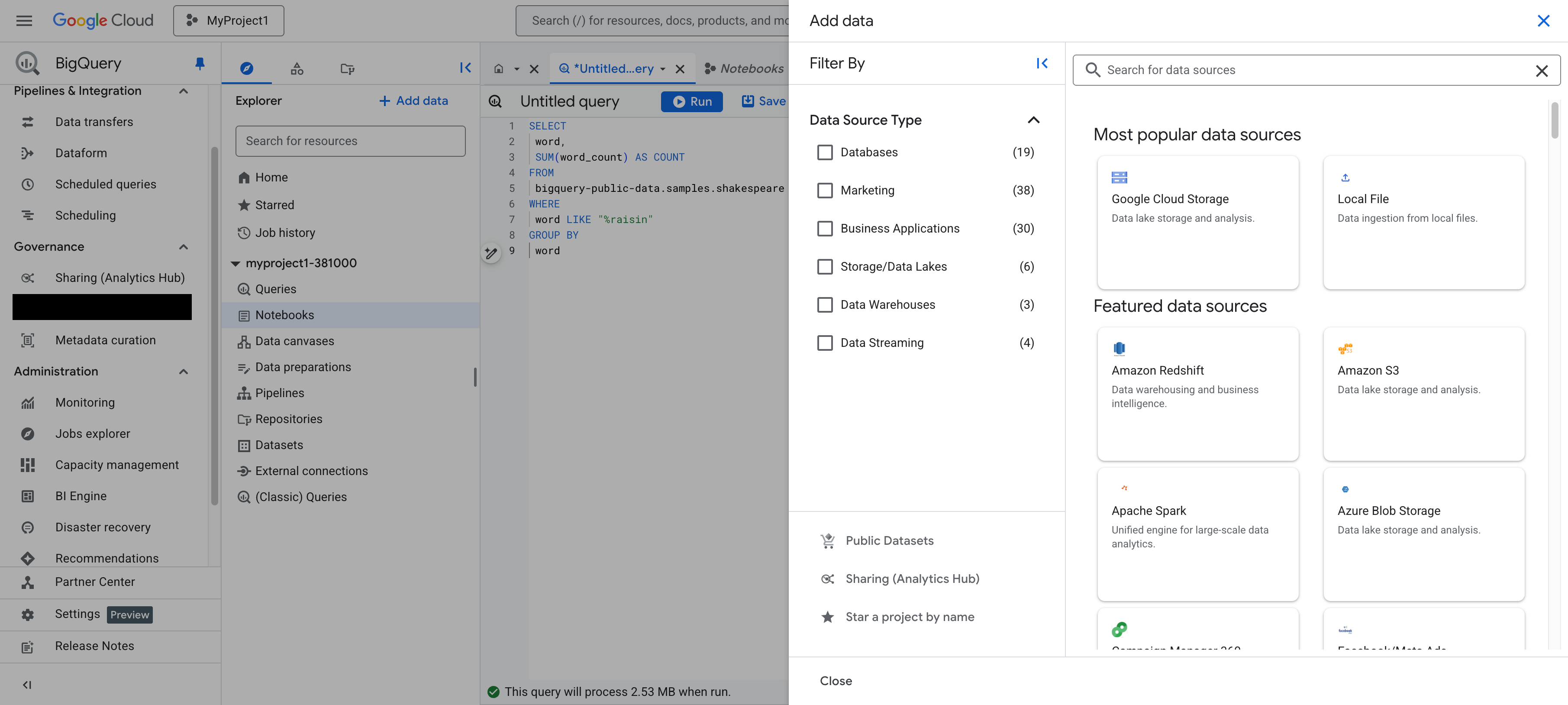 Main sections of the BigQuery page.