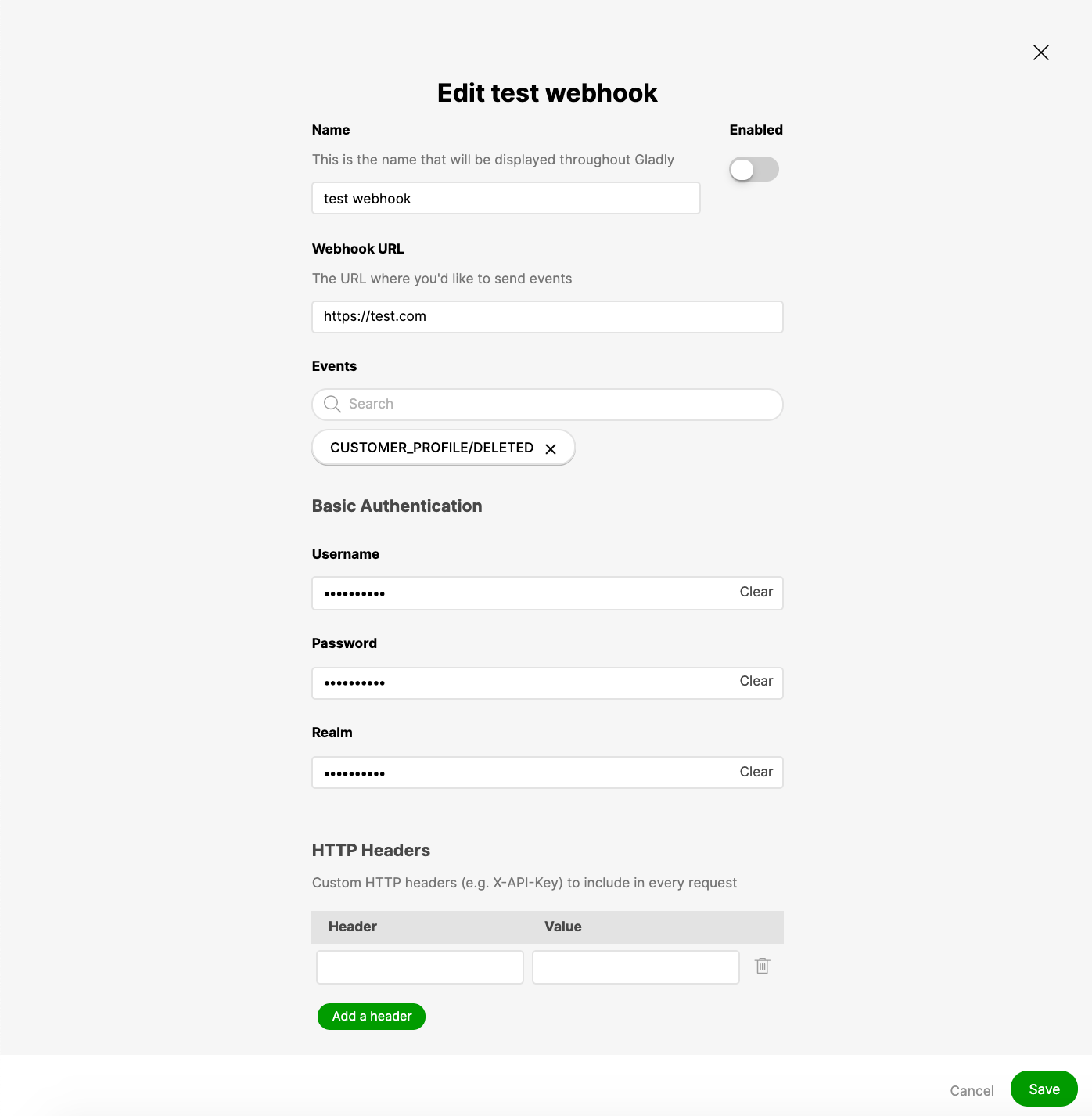 Webhooks admin page