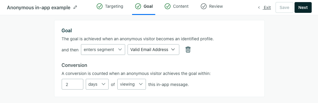 Goal and conversion settings interface for anonymous in-app messages showing options to configure conversion criteria and time window