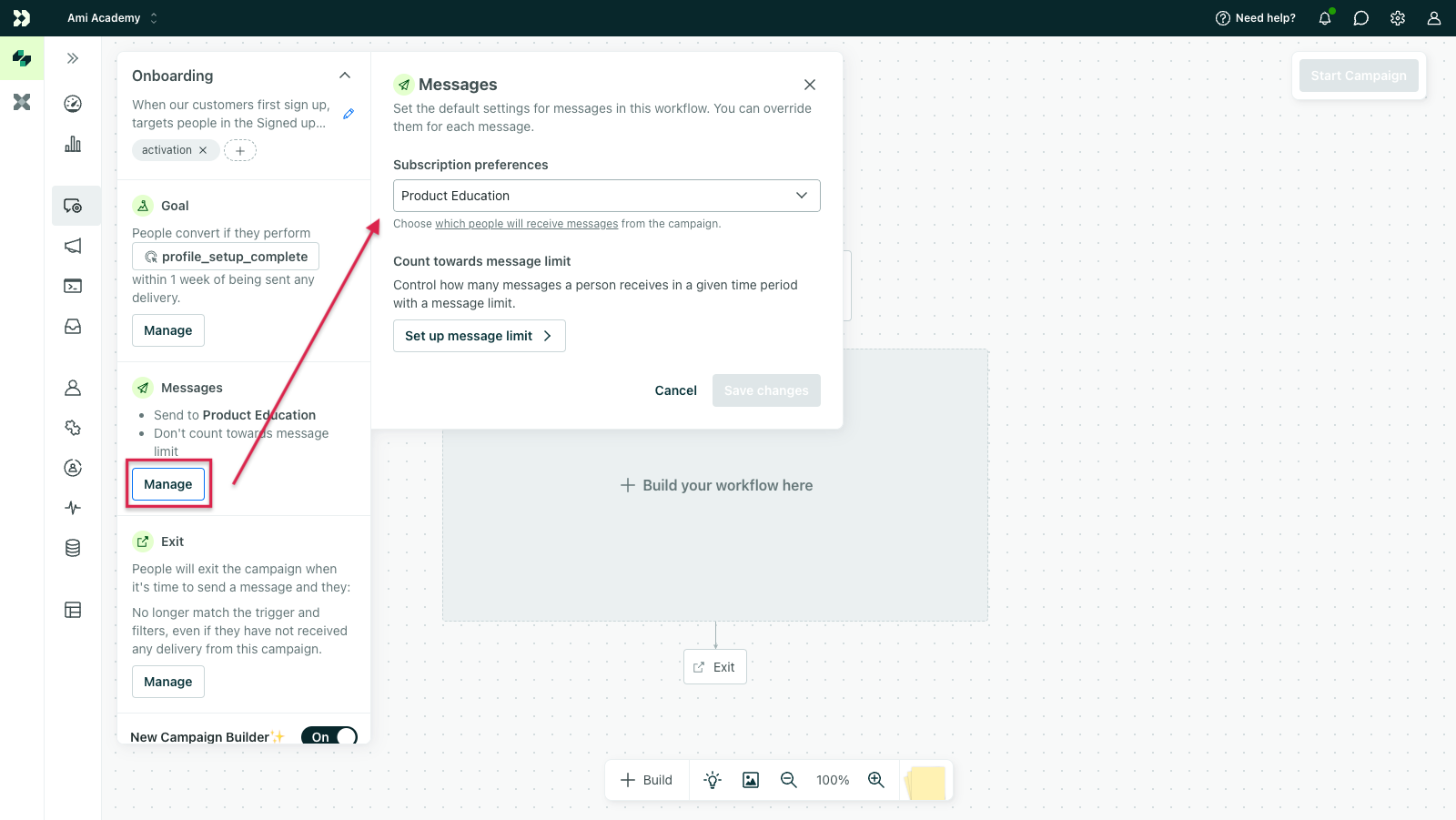 A subscription topic is selected in Messages.