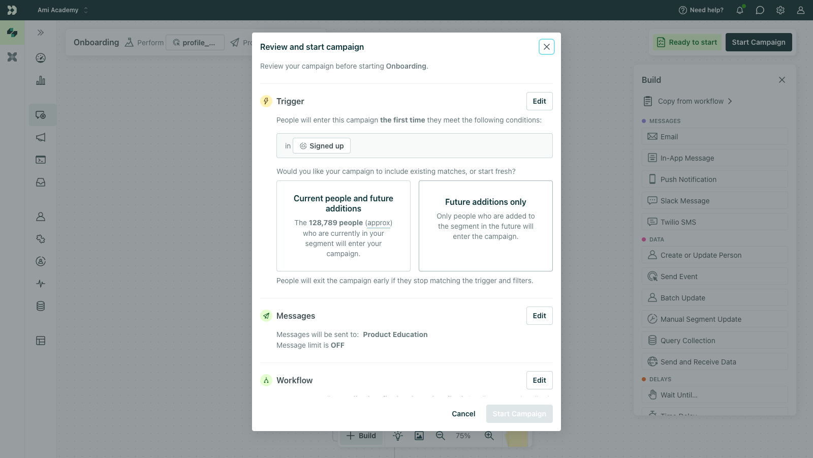 The review modal shows two options: send to current people and future additions or future additions only.