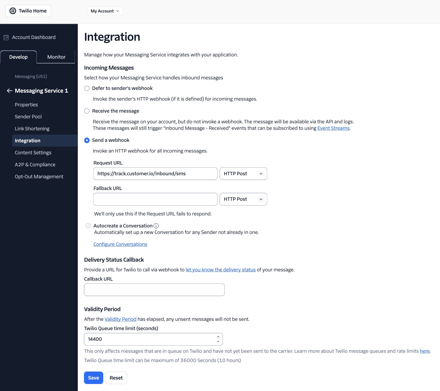 The Twilio integration page showing the webhook set up for Customer.io