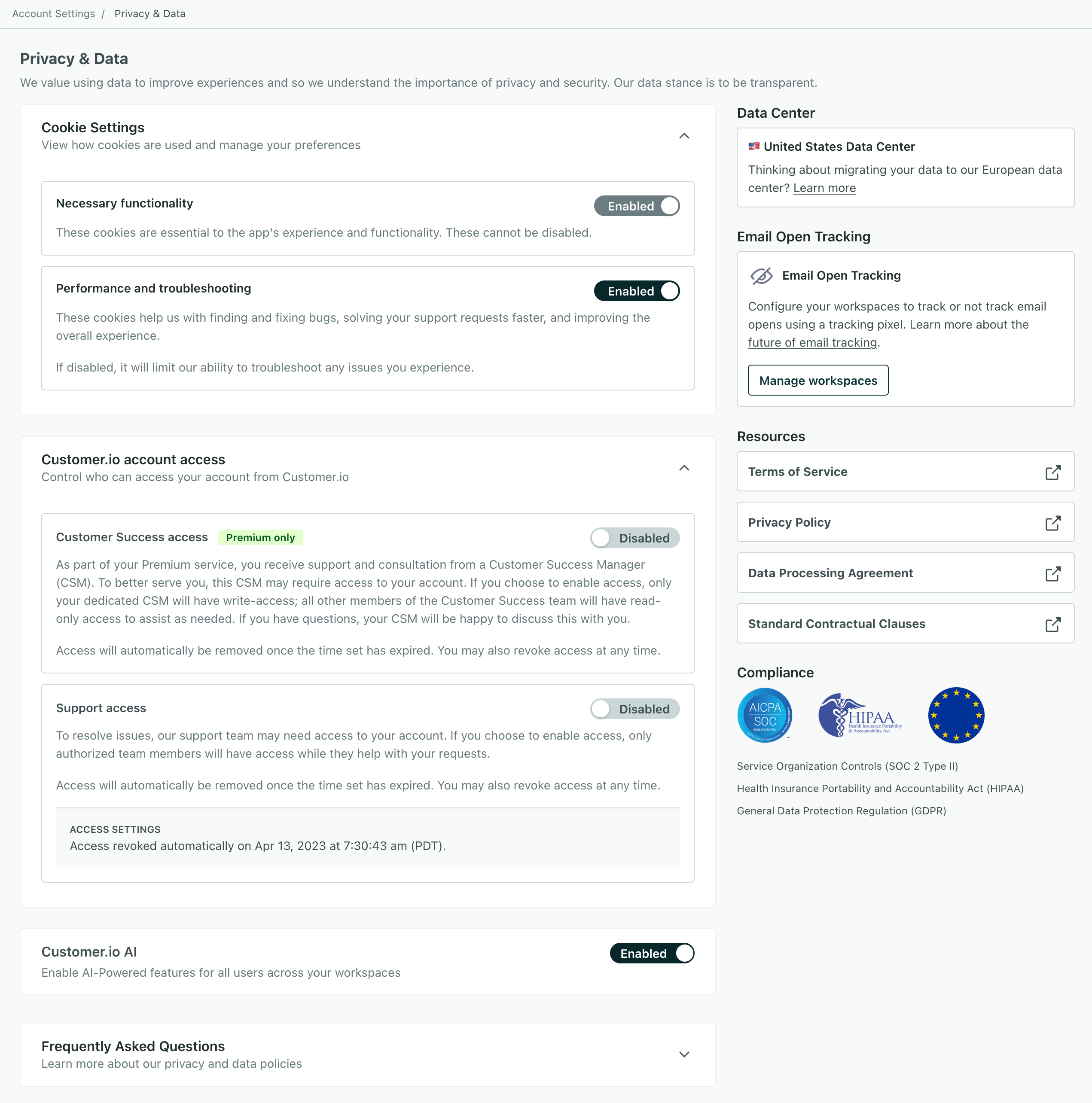 The privacy and data page