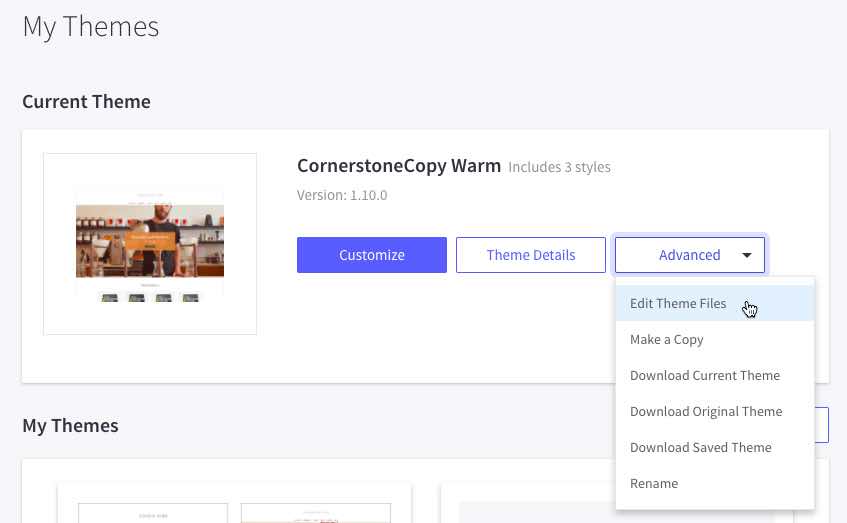 BigCommerce Meine Themen-Seite mit dem Dropdown "Erweitert" für das aktuelle Thema und der hellblau hervorgehobenen Option "Themendateien bearbeiten