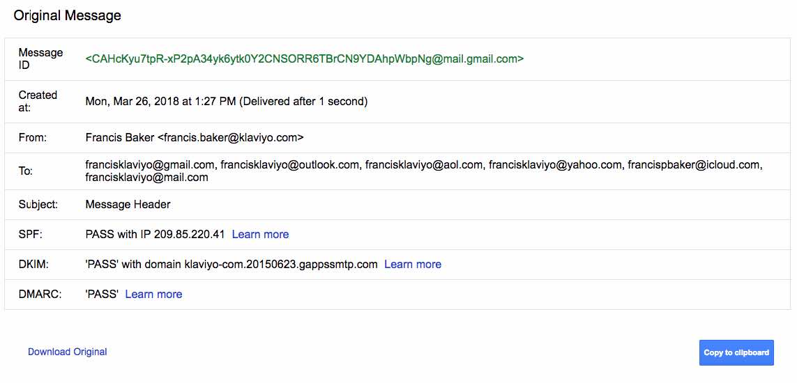 Gmail의 원본 메시지 탭에 메시지에 대한 정보가 표시됩니다.