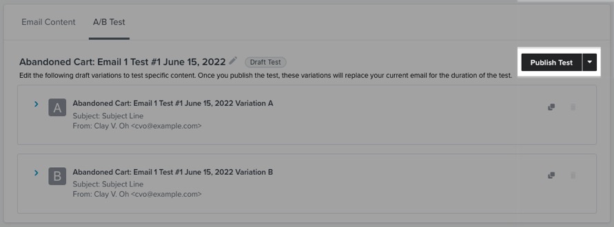 Il pulsante Pubblica test si trova nella parte superiore destra della scheda Test A/B.