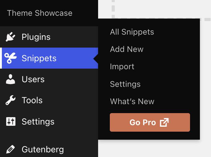 The Snippets menu in the Wordpress sidebar