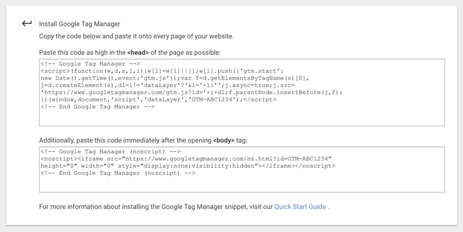 Dentro de Google etiqueta Gerente, los dos scripts de instalación que tendrás que copiar en el head y body del html de tu sitio