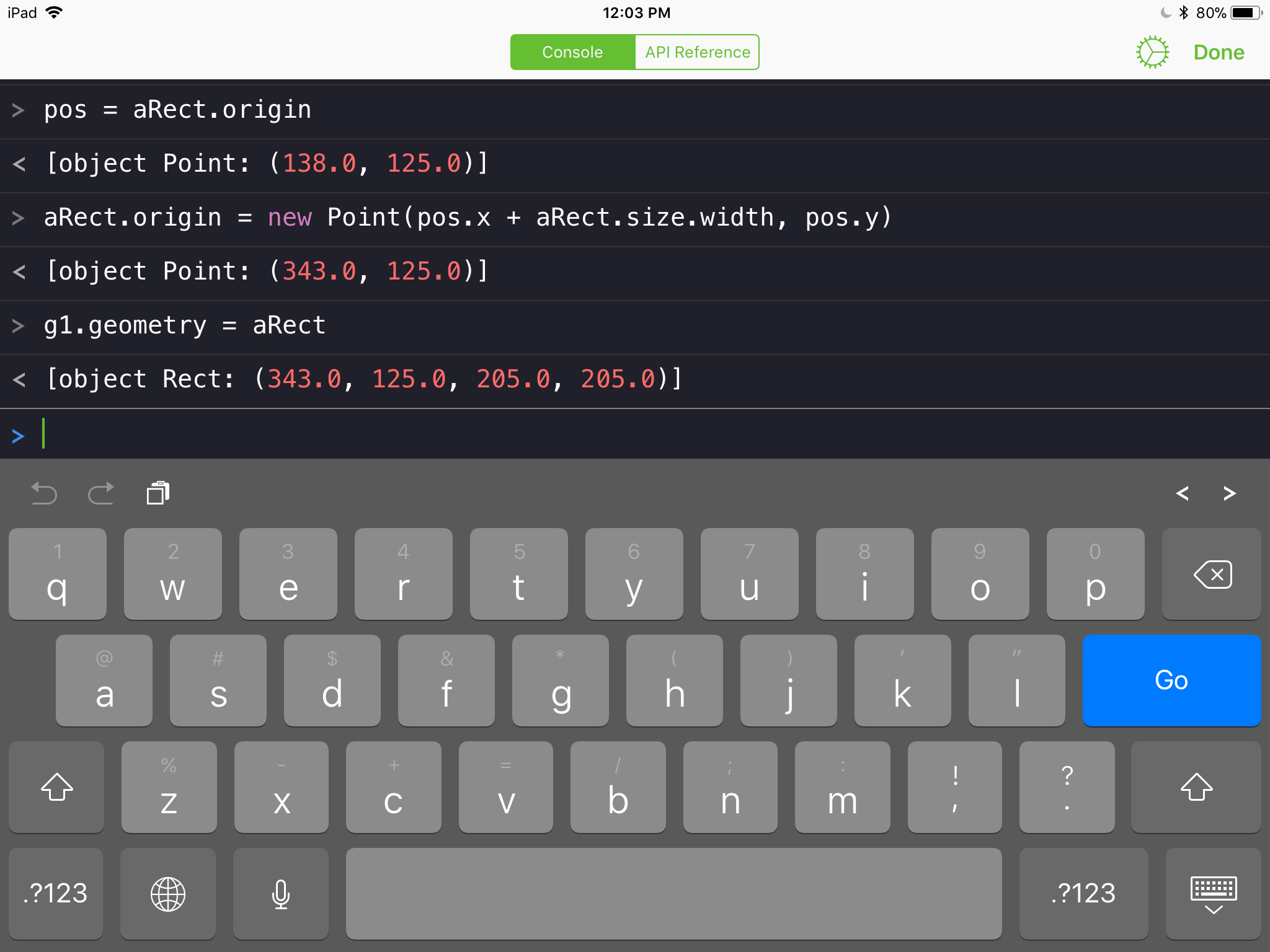 Code entered in console