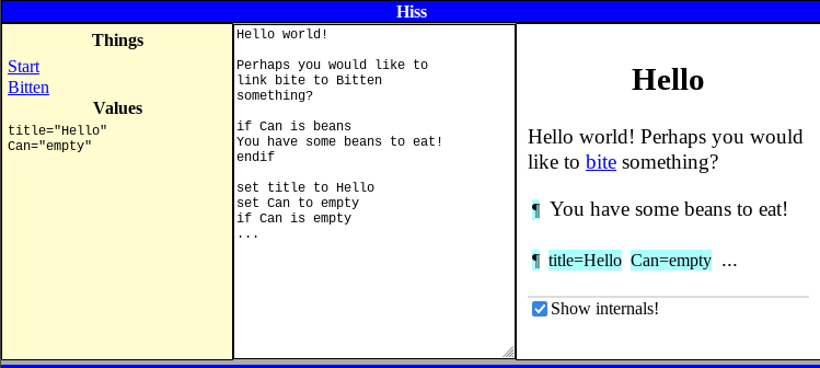 Screenshot shows three panels. The left panel now has a Values section showing the value of some variables. The middle panel has the raw script. The right panel has a checkbox labeled 'Show internals!' checked and little colored bits of text showing new paragraphs and variables being set.