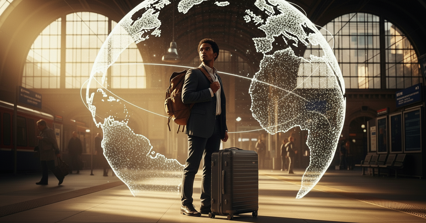 a traveller looks ahead with a global map in the backdrop