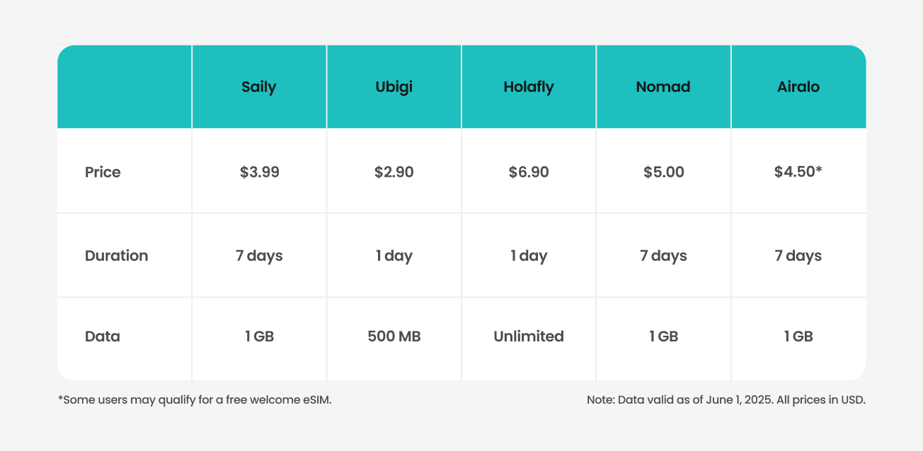 Table comparing eSIM plan pricing, duration, and data allowances for five leading providers.

